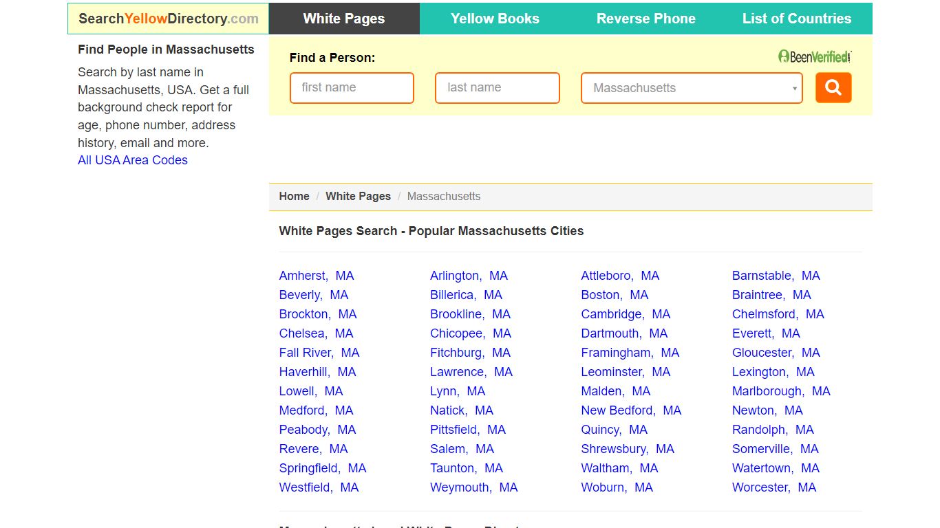 Massachusetts White Pages Directory, Popular Cities